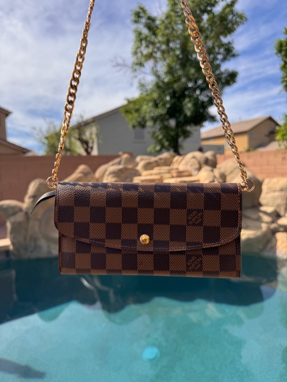 Louis Vuitton Brown Checkered Crossbody with Gold Chain